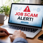 job scam alert warning on laptop screen showing fake job offer risk