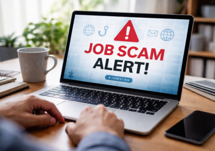 job scam alert warning on laptop screen showing fake job offer risk