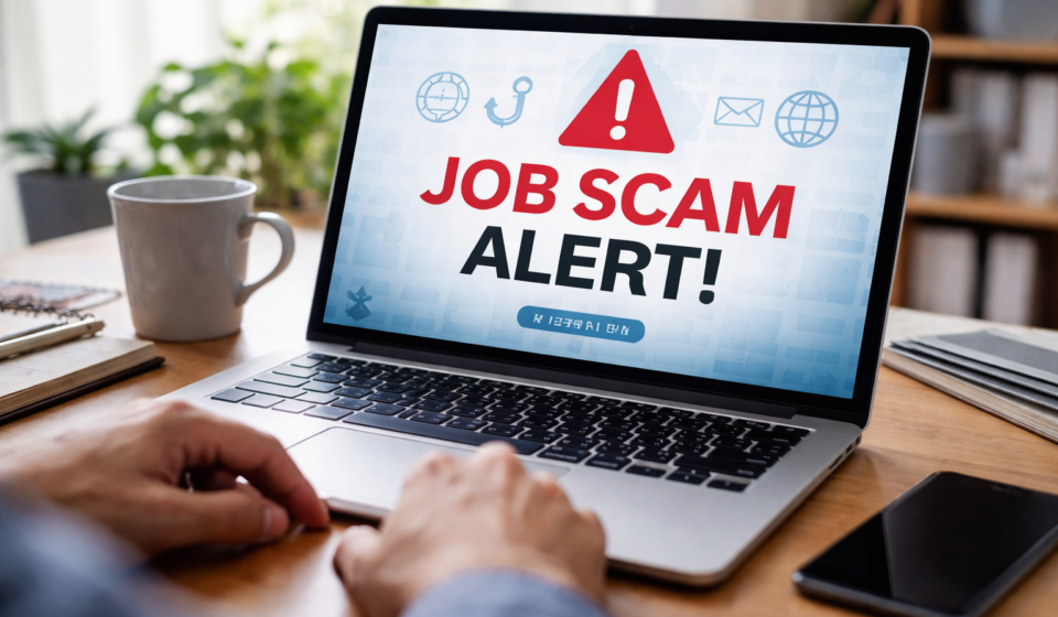 job scam alert warning on laptop screen showing fake job offer risk